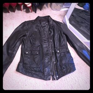 Black leather bomber jacket